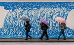 umbrellas, people, wall, road, rain, graffiti, water, mural, street photography, nature, people walking, rainy day